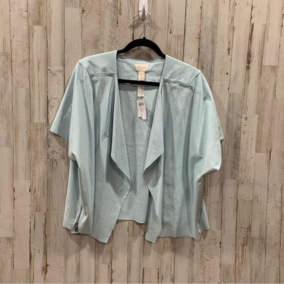NWT Chicos Faux-Suede Light Blue Zip Detail Short Sleeve Open Jacket - Picture 1 of 7